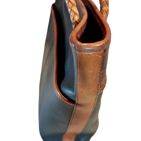 Brighton 80's Leather Shoulder Bag Black/Brown Braided Handles, silver metal - Picture 4 of 12